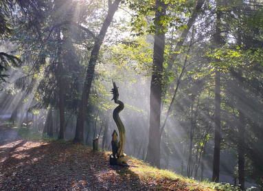 Al centro dell’immagine, un’istallazione di Bosco Arte Stenico. La statua è sul lato del sentiero: dietro, abeti e faggi, tra i cui rami passano i raggi del sole che sembrano illuminare l’ambiente come fosse un palcoscenico, con la statua al centro. La statua è composta da due elementi, che si innalzano dalla stessa base. Quello più piccolo ricorda un animale che si erge su due zampe, forse un cane. Quello più alto, se non fosse legno, sembrerebbe una spirale di fumo alla cui sommità si trova una specie di testa dal naso appuntito. 