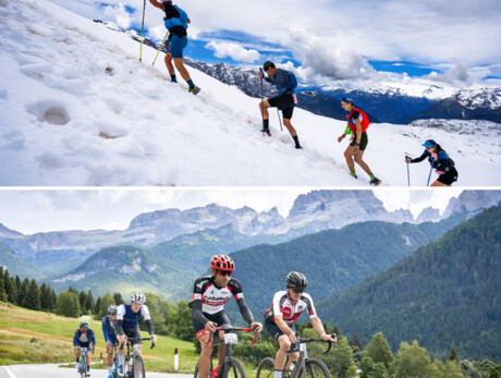 People hiking on snow and road cycling in the mountains.