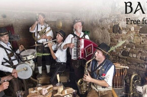 SIX MUSICIANS IN A CELLAR SINGING AND PLAYING WITH A DOG NEARBY
