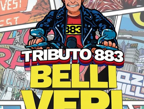 L'immagine è un'illustrazione di MaX Pezzali mentre guida una moto e davanti la scritta "Tributo 883 -Belli Veri"