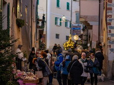 The image shows one of the streets in the village of Faedo decorated with Christmas ornaments. Along the street, several people are walking and browsing the stalls of the Christmas market.